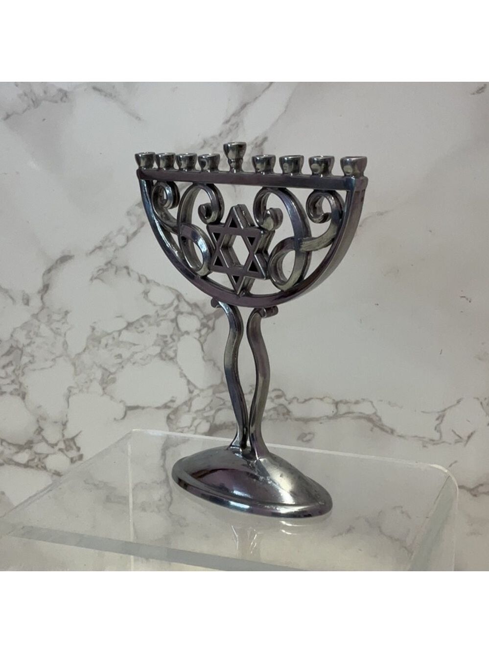 Silver colored Menorah with Star of David Hanukkah - Picture 3 of 9